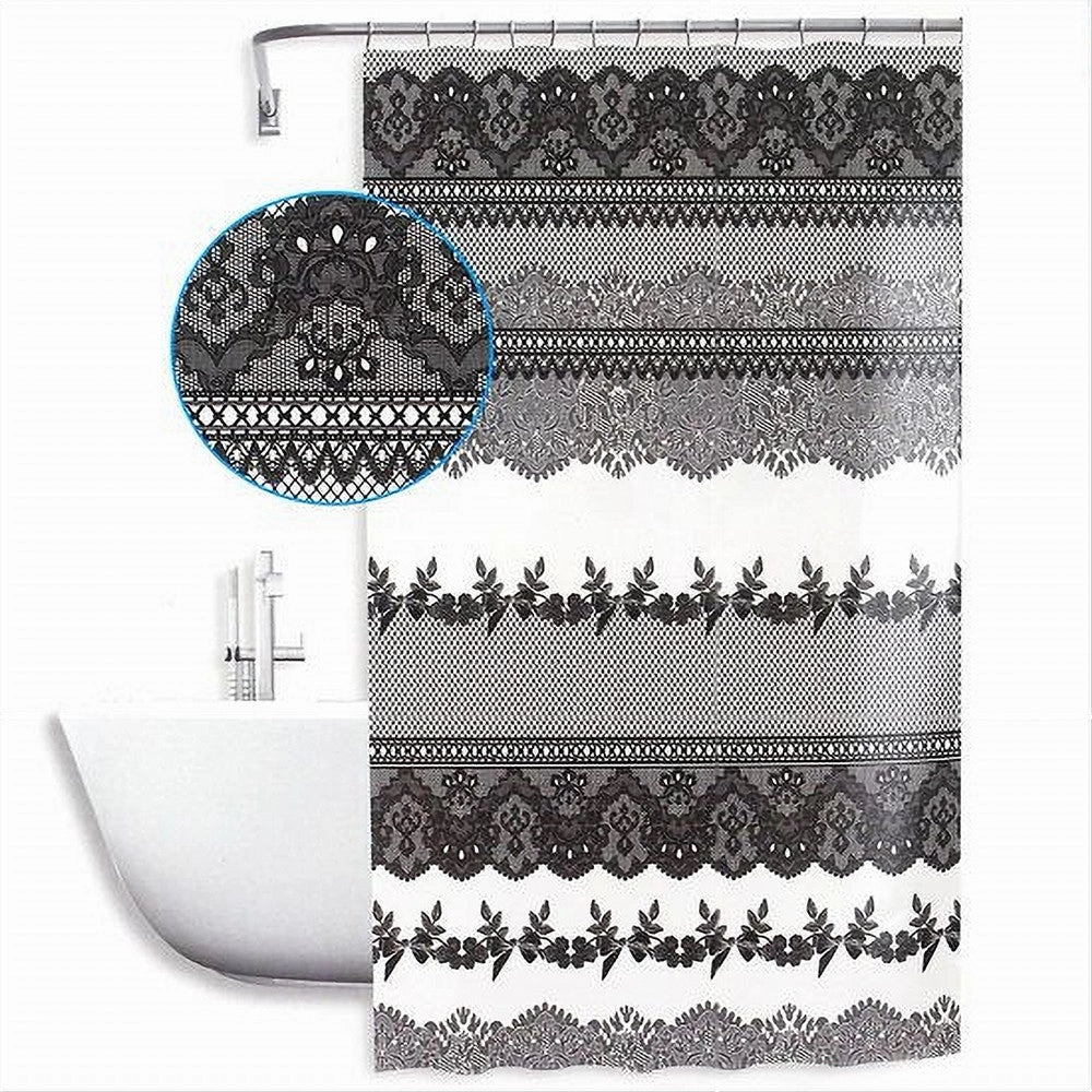 Trade Shop - Tenda Doccia Antimuffa Impermeabile 180x200 Cm Con Anelli Bagno Pizzo Nero 59521 -