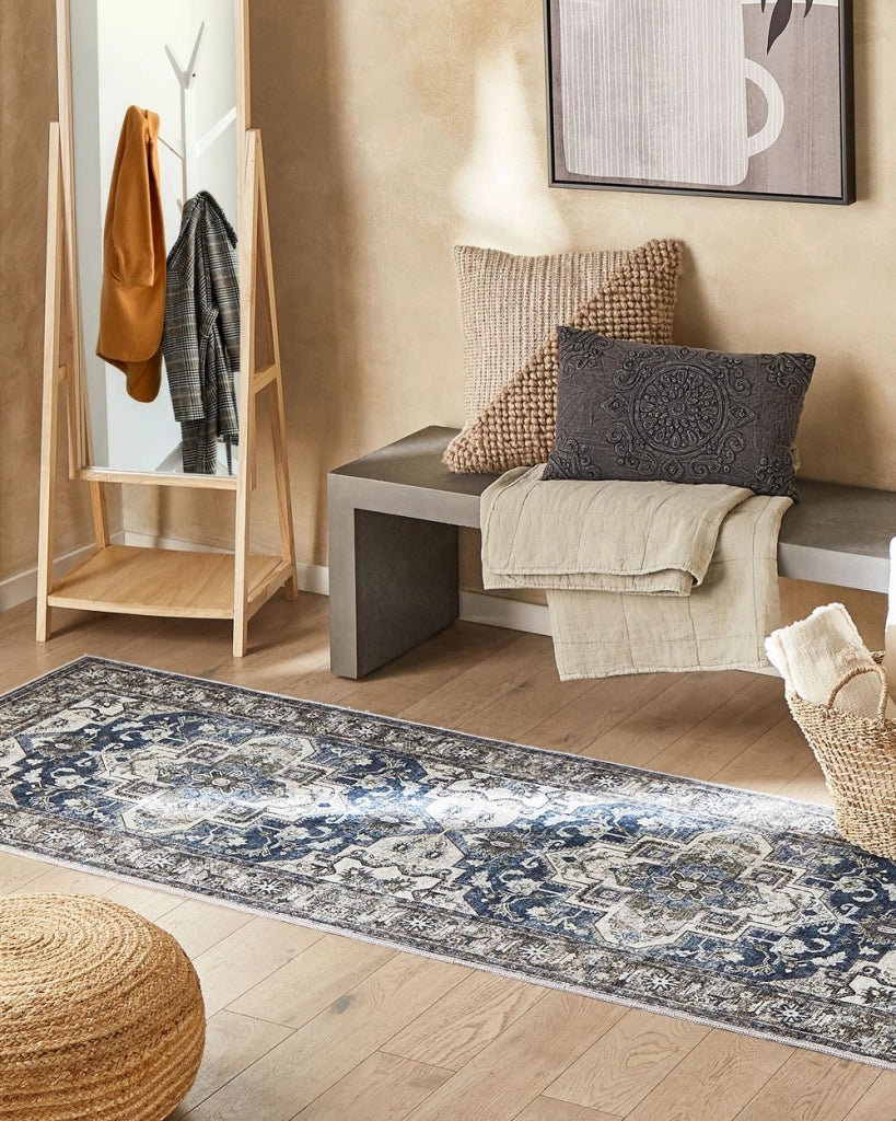 Tappeto passatoia grigio e blu poliestere 80 x 300 cm decorazioni orientali invecchiate per la camera da letto del soggiorno