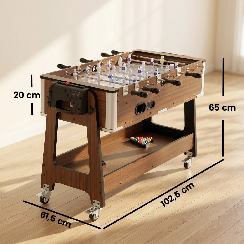 Tavolo da Gioco 3 In 1 Air Hockey Biliardo Calcio Balilla 102,5x61,5x65 cm Ruote Bloccabili Ripiano in MDF Effetto Noce