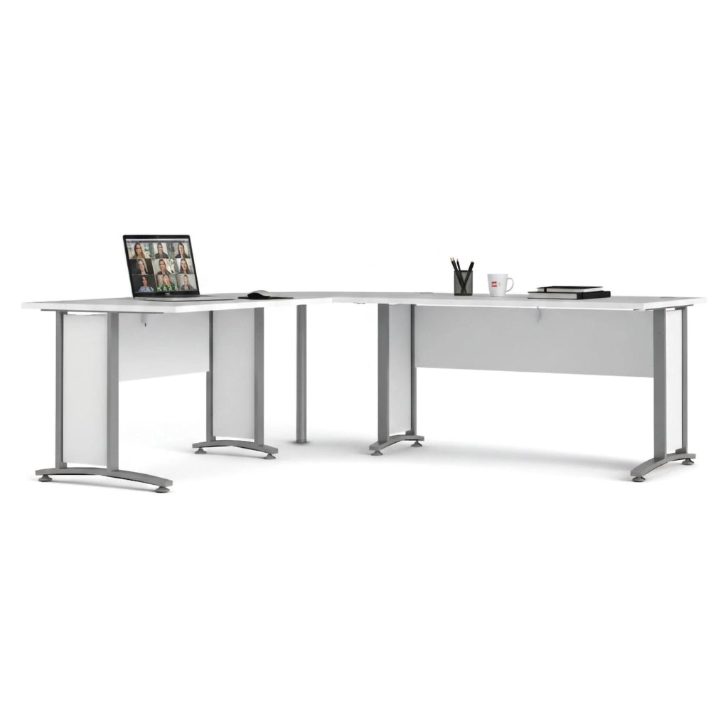 Scrivania Tanya, Scrittoio multiuso, Tavolo per ufficio porta PC, Piano di lavoro, 230x200 h75 cm, Bianco e Grigio