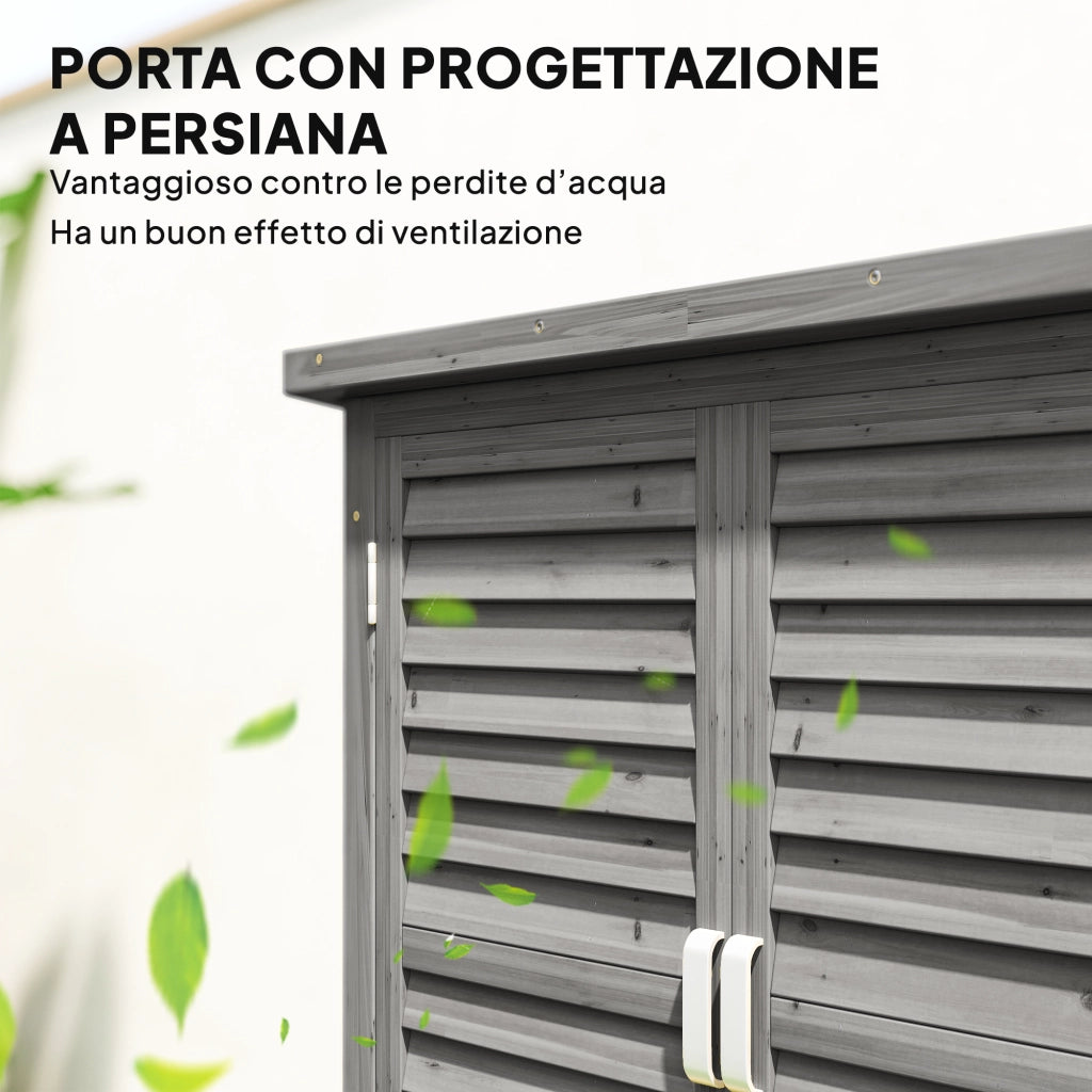 Armadio da Giardino in Legno di Abete con Porte a Persiana e 2 Ripiani, 87x46.5x96.5cm, Grigio