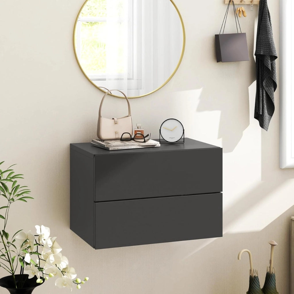 Comodino con cassetti (set da 2), Tavolino da letto da parete con spazio contenitivo Grigio