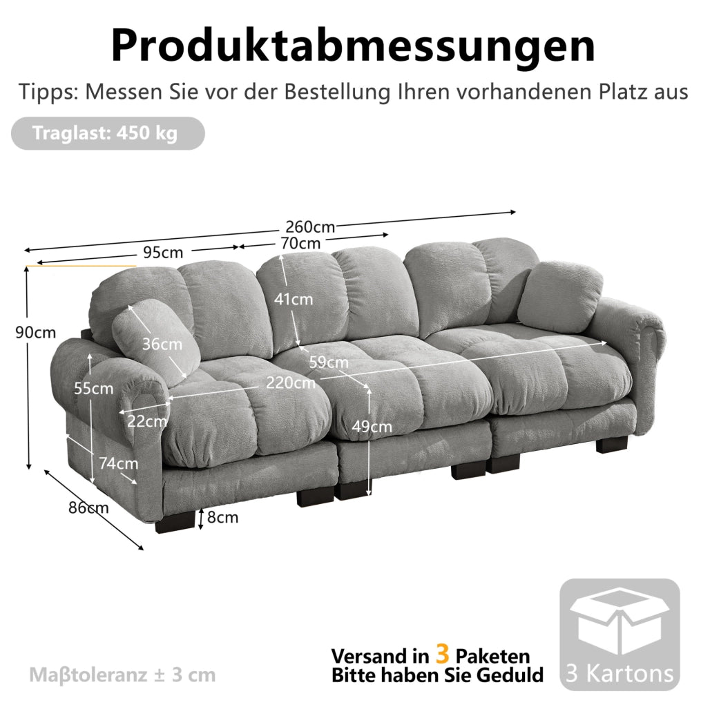 Divano modulare in chenille 260x86x90 cm con cuciture trapuntate; cuscini spessi; grigio chiaro