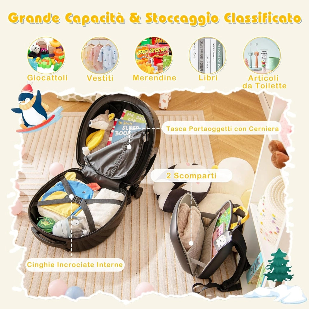 Set di Valiglie per Bambini, Set da 4 Pezzi con Trolley, Zaino, Cuscino per Collo ed Etichetta per Bagaglio, Valigia a Mano da Viaggio con Ruote Universale e Maniglia Regolabile (Pinguino)