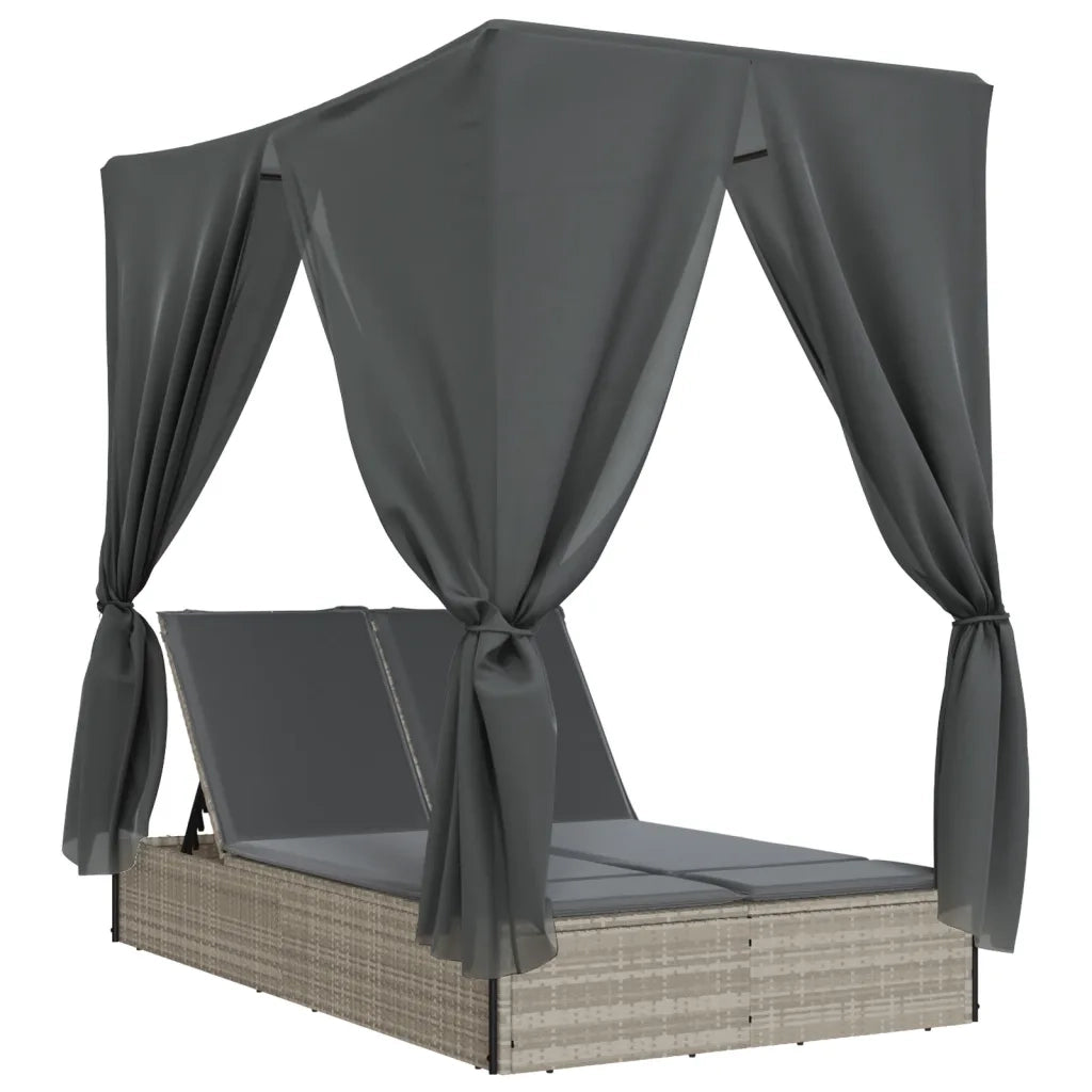 Lettino Prendisole Tetto e Tende Grigio Chiaro in Polyrattan 368077