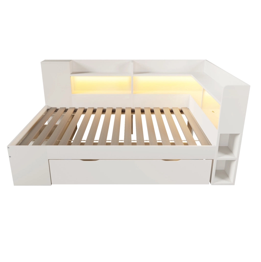 Letto da giorno ULEVR 90x200 cm con LED, USB e Type-C, cassetti e ripiani, bianco