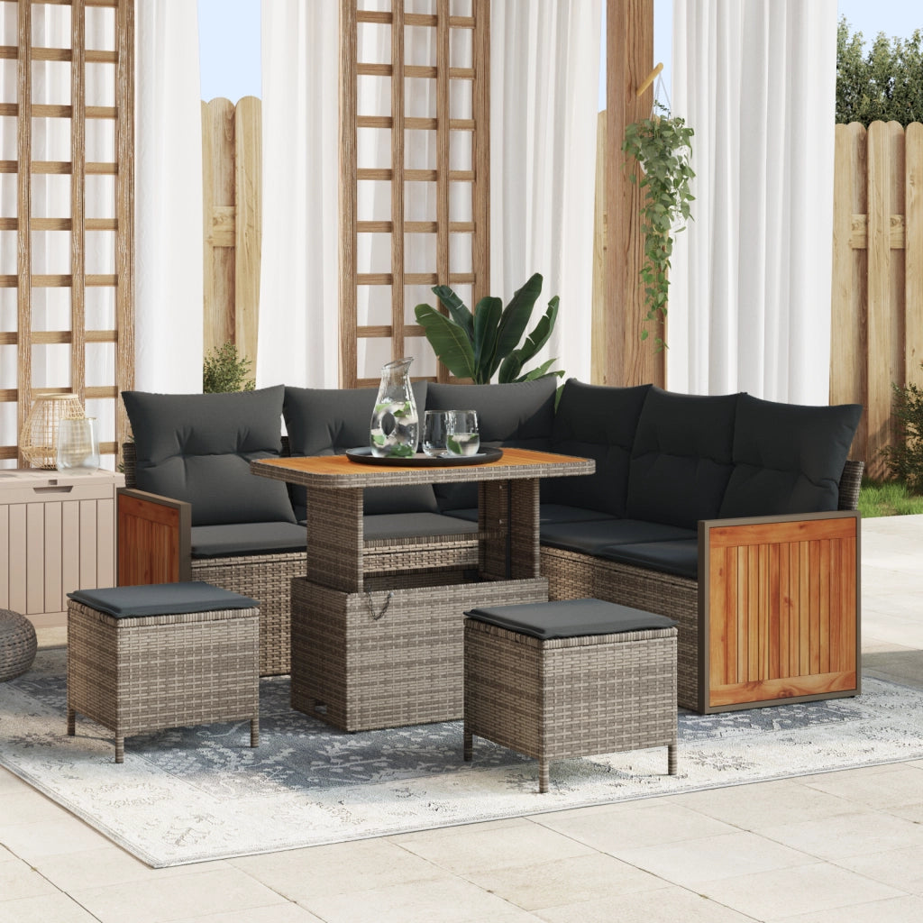 Set Divano da Giardino 8 Pezzi con Cuscini Grigio Polyrattan Acacia