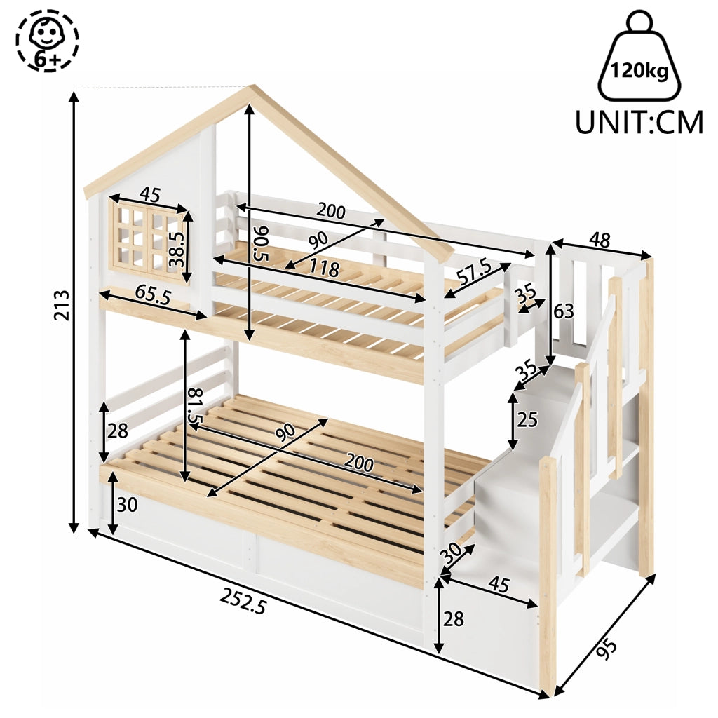 Letto a castello 90x200 cm in pino e MDF con vano contenitore idraulico, stile casa, bianco e naturale