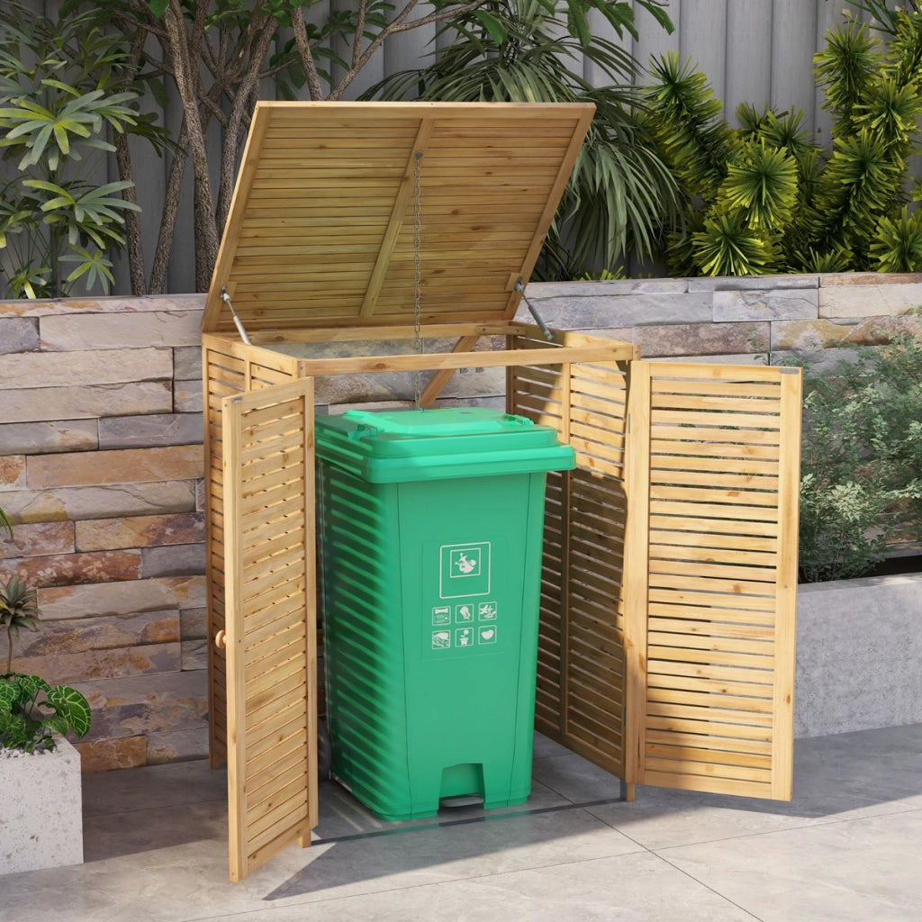 Casetta per bidone della spazzatura in legno da 120L, Rifugio esterno per contenitore rifiuti con coperchio apribile Naturale-Casette da giardino