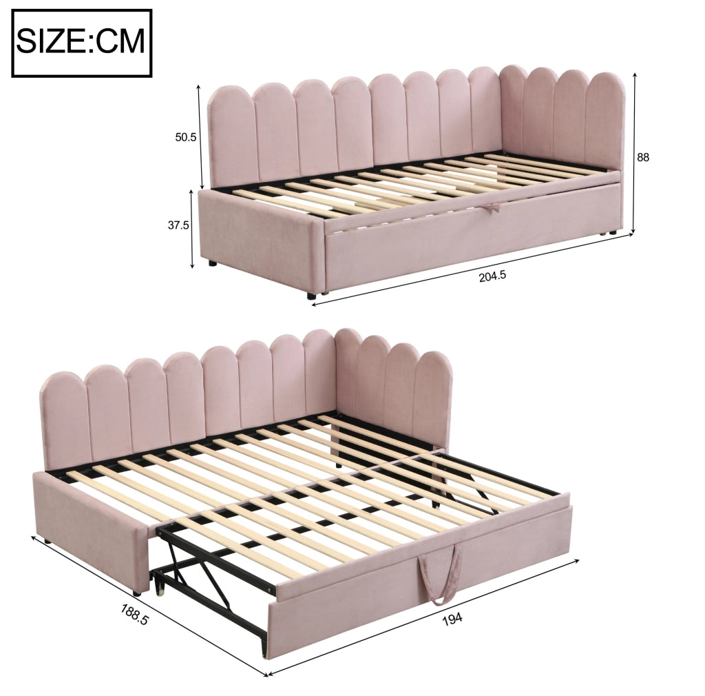 Divano letto 90x200 cm; estraibile a L; tessuto effetto velluto; rosa