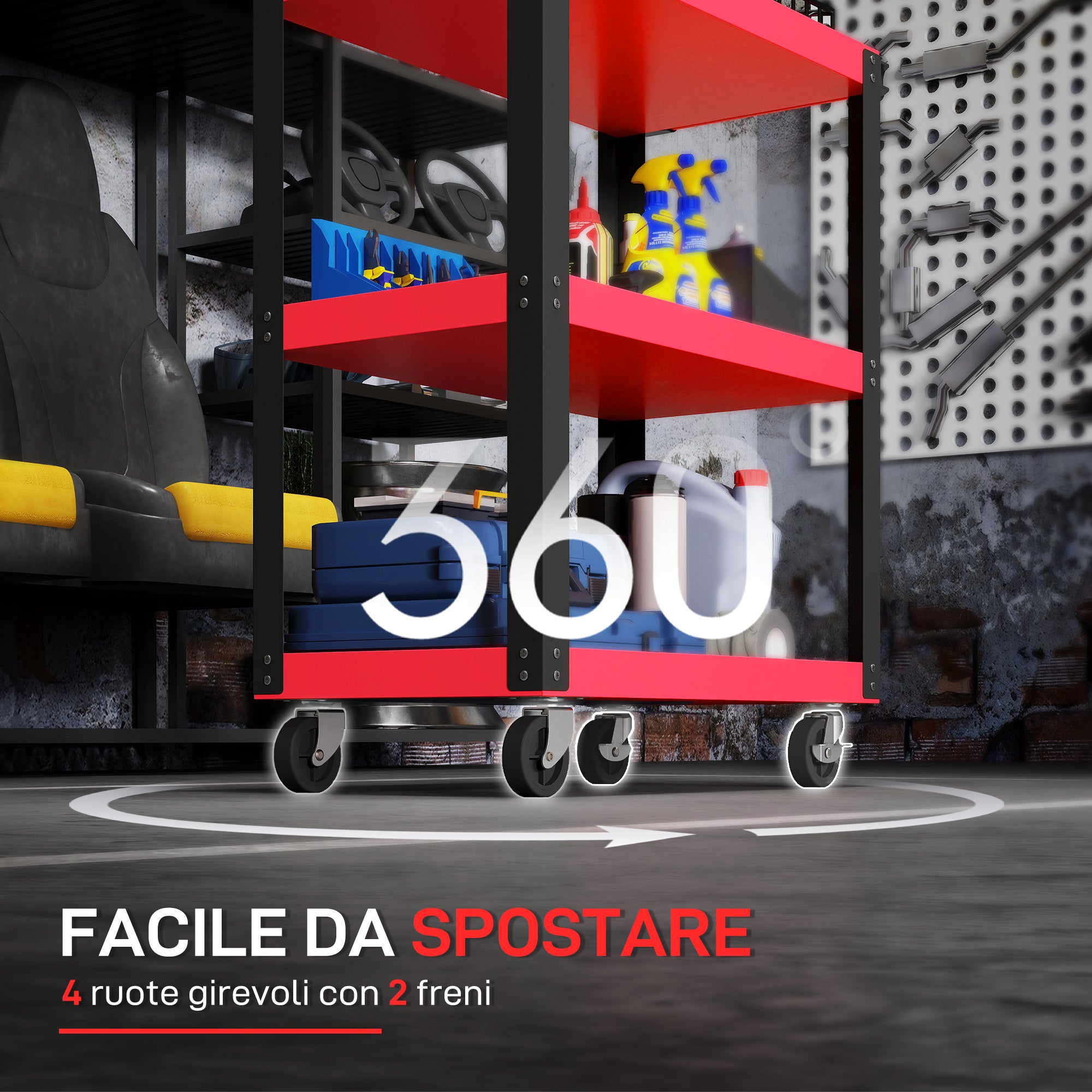 Carrello Porta Attrezzi a 3 Ripiani 70,5x35x82,5 cm in Metallo e PP Rosso e Nero