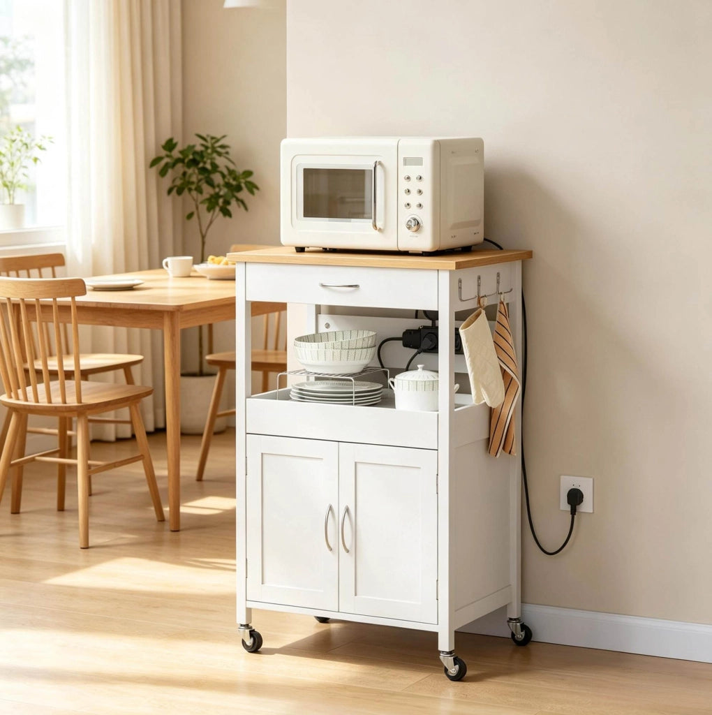 Carrello da cucina con prese, cassetto e armadietto bianco