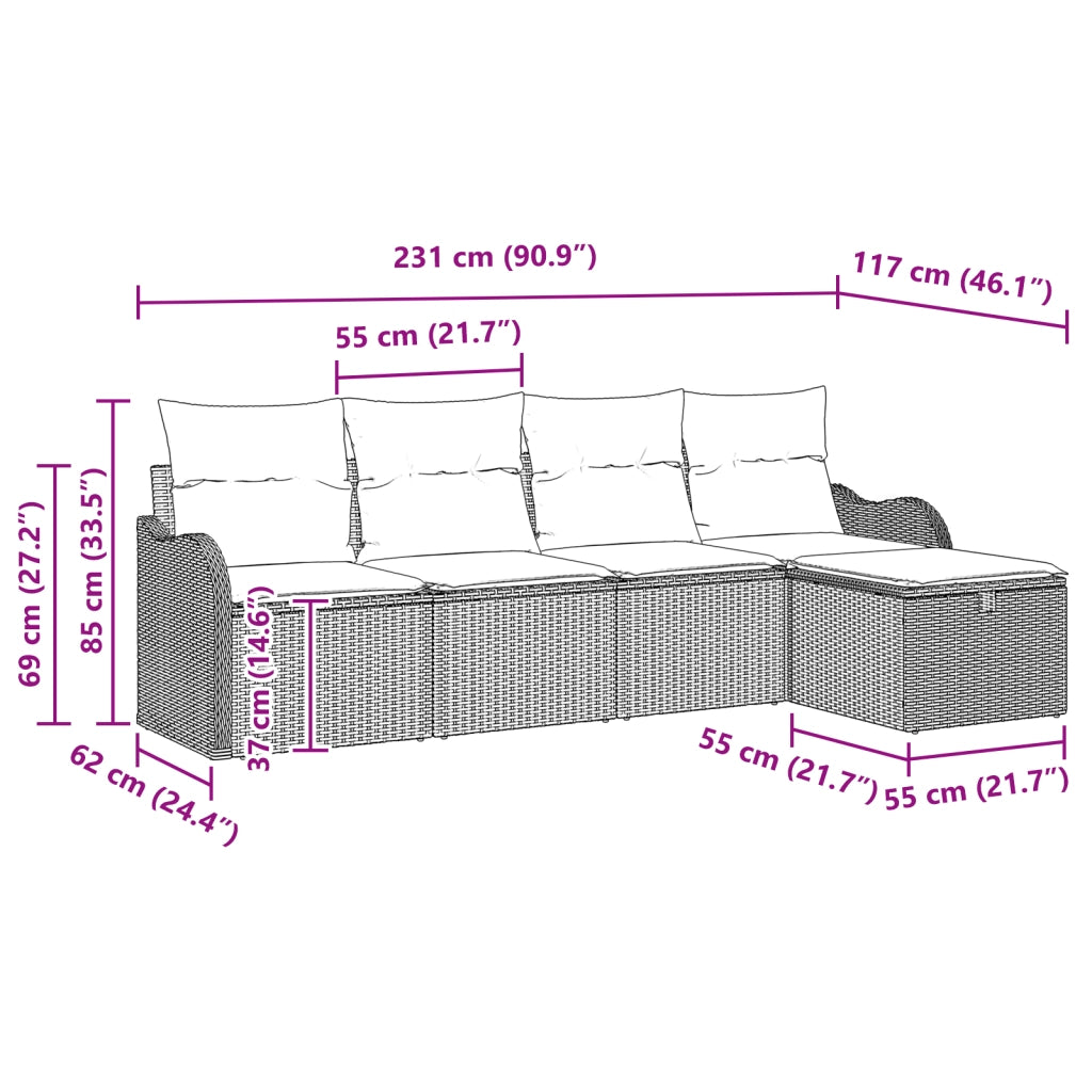 Set di divano da giardino  da 5 pezzi con cuscini in polyrattan nero