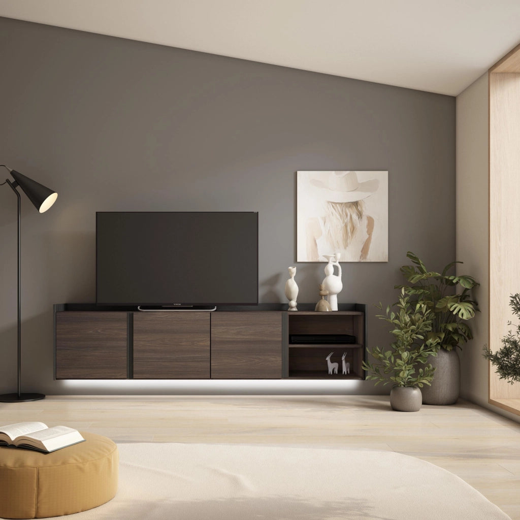 Mobile TV Soggiorno, 207x50x35 cm, Per TV fino a 80", Sospeso, da appendere, LED, Rovere scuro e Nero