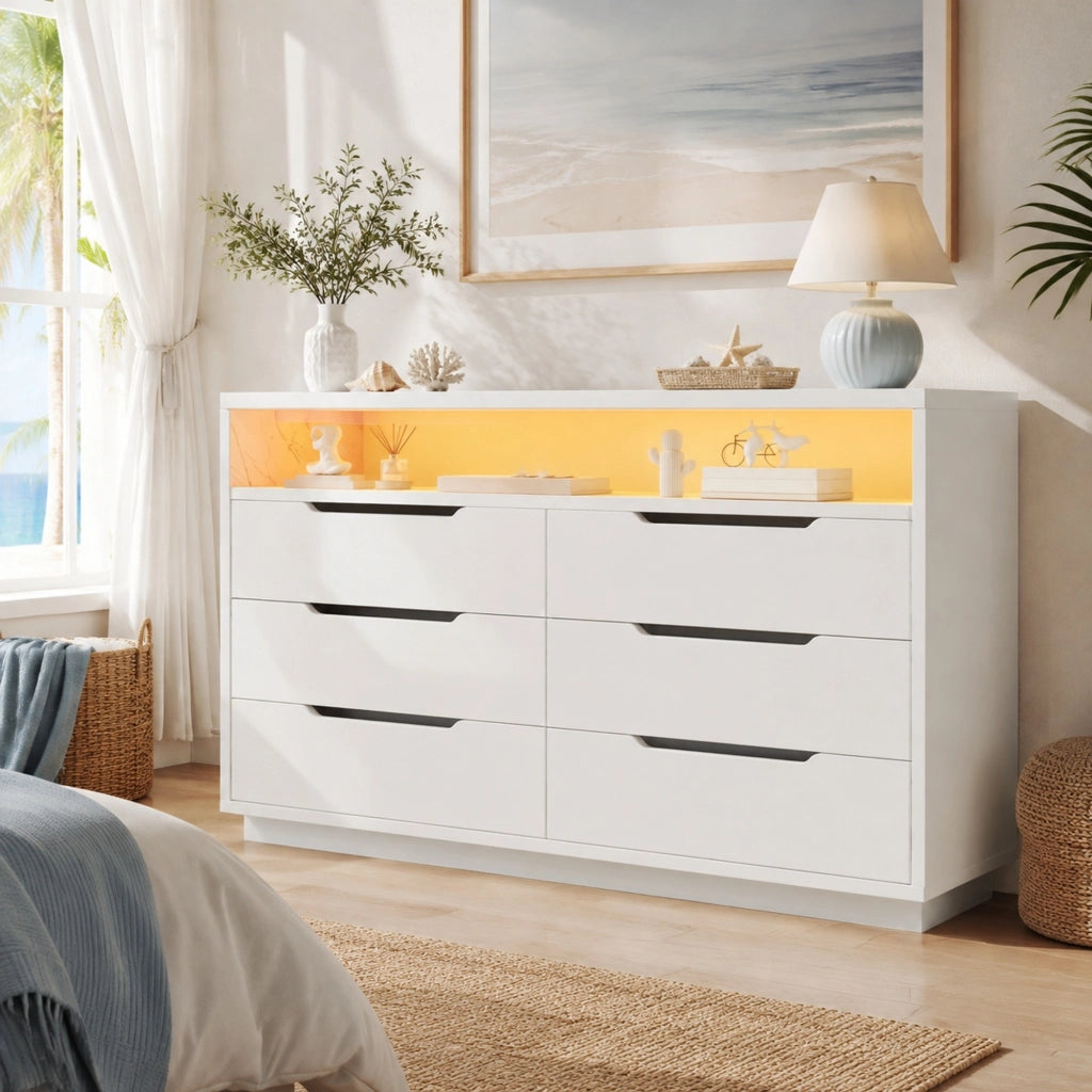Credenza bianca a 6 cassetti con LED e vano effetto marmo