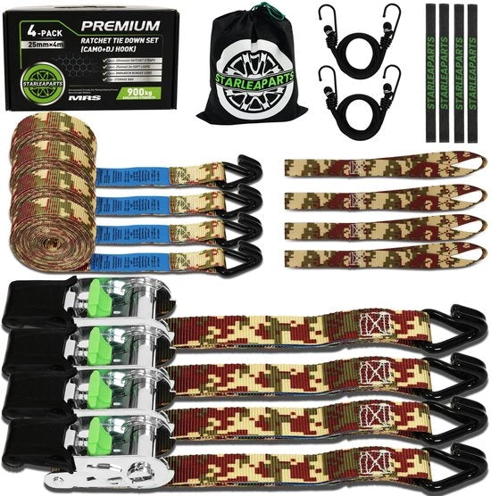 Set di cinture di trazione, 4 pezzi, 900 kg di resistenza - 25 mm x 4 m set di cinture di trazione con 2 cavi elastici, cinture di trazione con ganci per motocicli, veicoli di trasloco e carico, mimetico