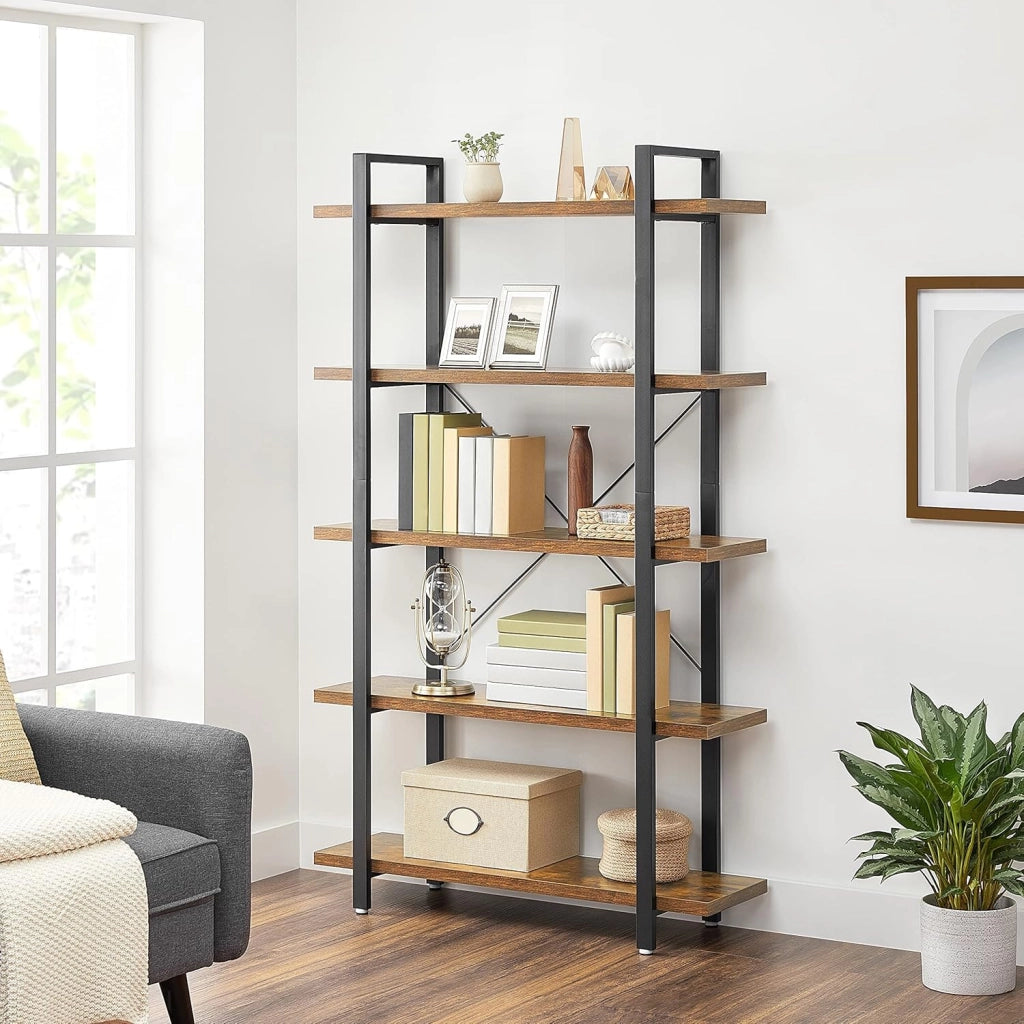 VASAGLE Libreria a 5 Ripiani, Scaffale in Stile Industriale, Portaoggetti Stabile, Facile da Montare, per Soggiorno, Camera da Letto, Ufficio, Marrone Vintage e Nero LLS55BX