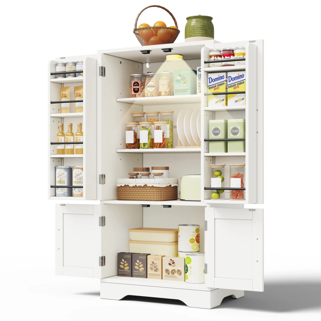Mobile Dispensa 60x40x120 cm Bianco con LED Sensore; 4 Ante; Ripiani Regolabili e Portaoggetti