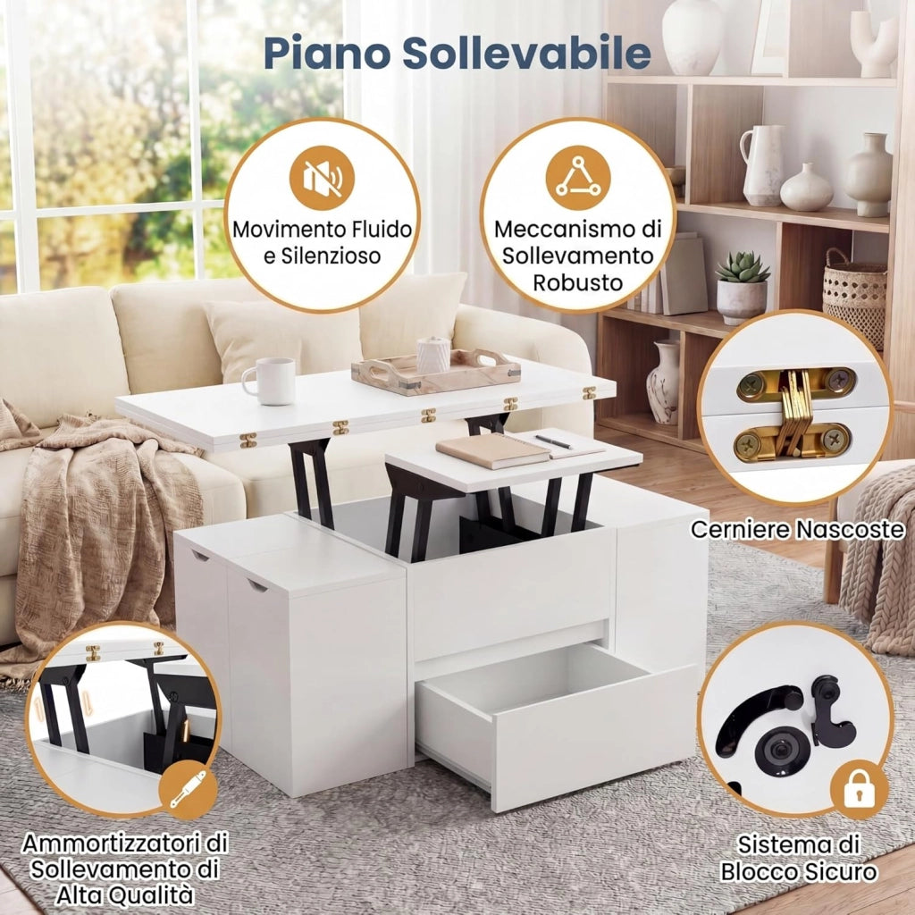 Tavolino da Caffè Sollevabile, Tavolini Salotto Moderno con 4 Sgabelli Ripiegabili, Vano Nascosto, 1 Cassetto, Carico 75 KG, Tavolo per Salotto, Ufficio, 100 X 100 X 62 CM (Bianco)