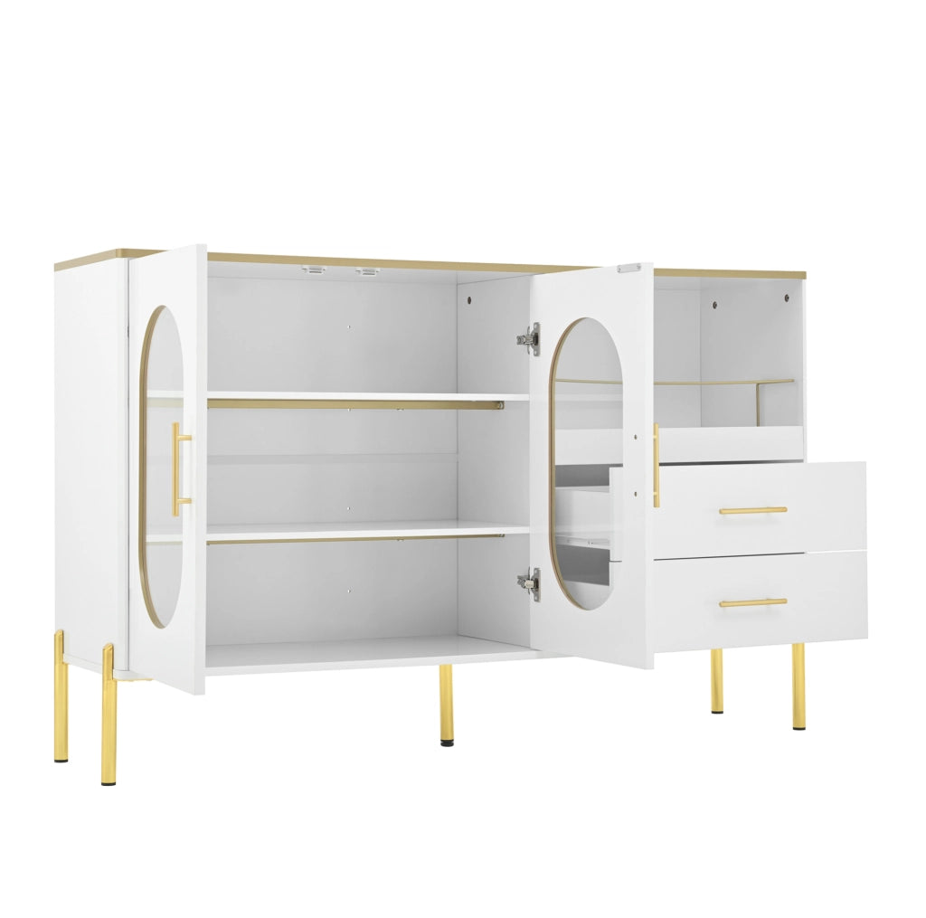 Credenza bianca 140 cm con 2 cassetti e ante in vetro