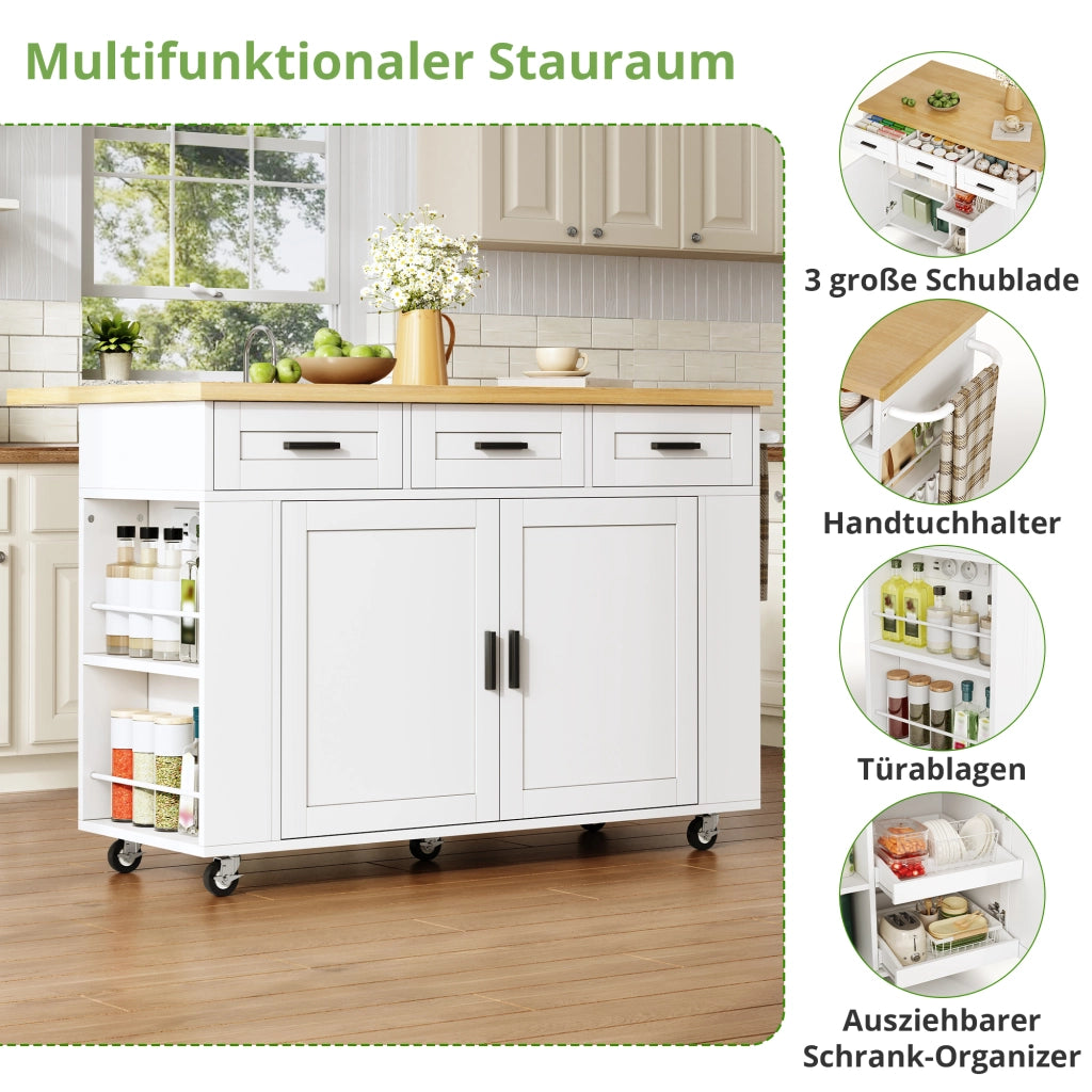 CARRELLO ISOLA CUCINA Pieghevole 120x45(70)x84 cm MDF Bianco/Naturale