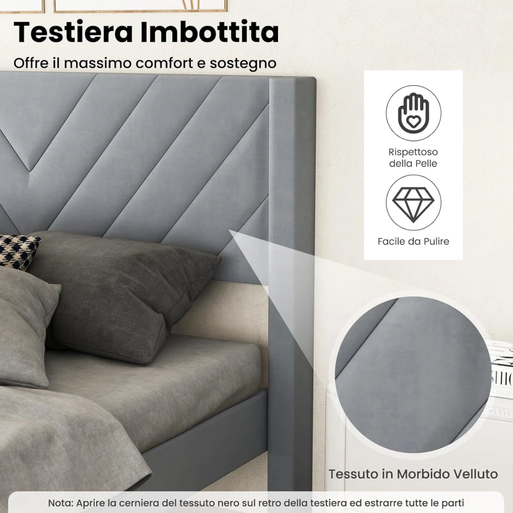Struttura Letto Imbottito Matrimoniale 140x200 cm, Letto Piattaforma Imbottito, con Testiera in Morbido Tessuto di Velluto e Supporto a Doghe di Legno, Silenzioso, Carico 250kg (Stile 3)
