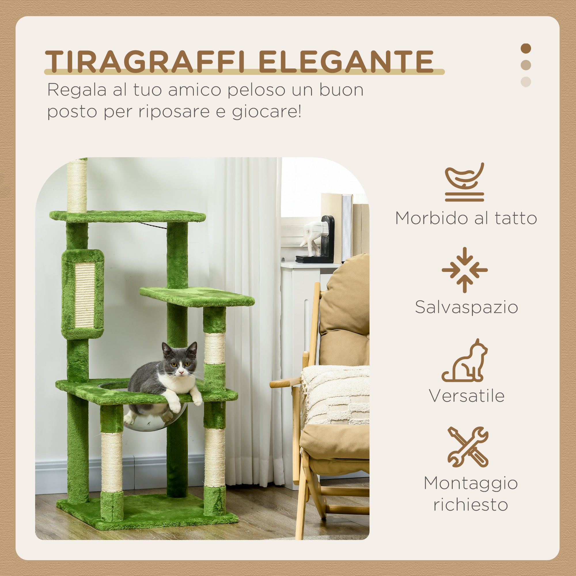 Albero Tiragraffi per Gatti Multilivello 49x49x142 cm con Amaca in Peluche e Sisal Verde