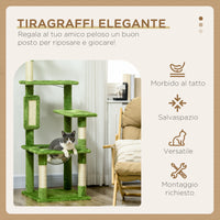 Albero Tiragraffi per Gatti Multilivello 49x49x142 cm con Amaca in Peluche e Sisal Verde