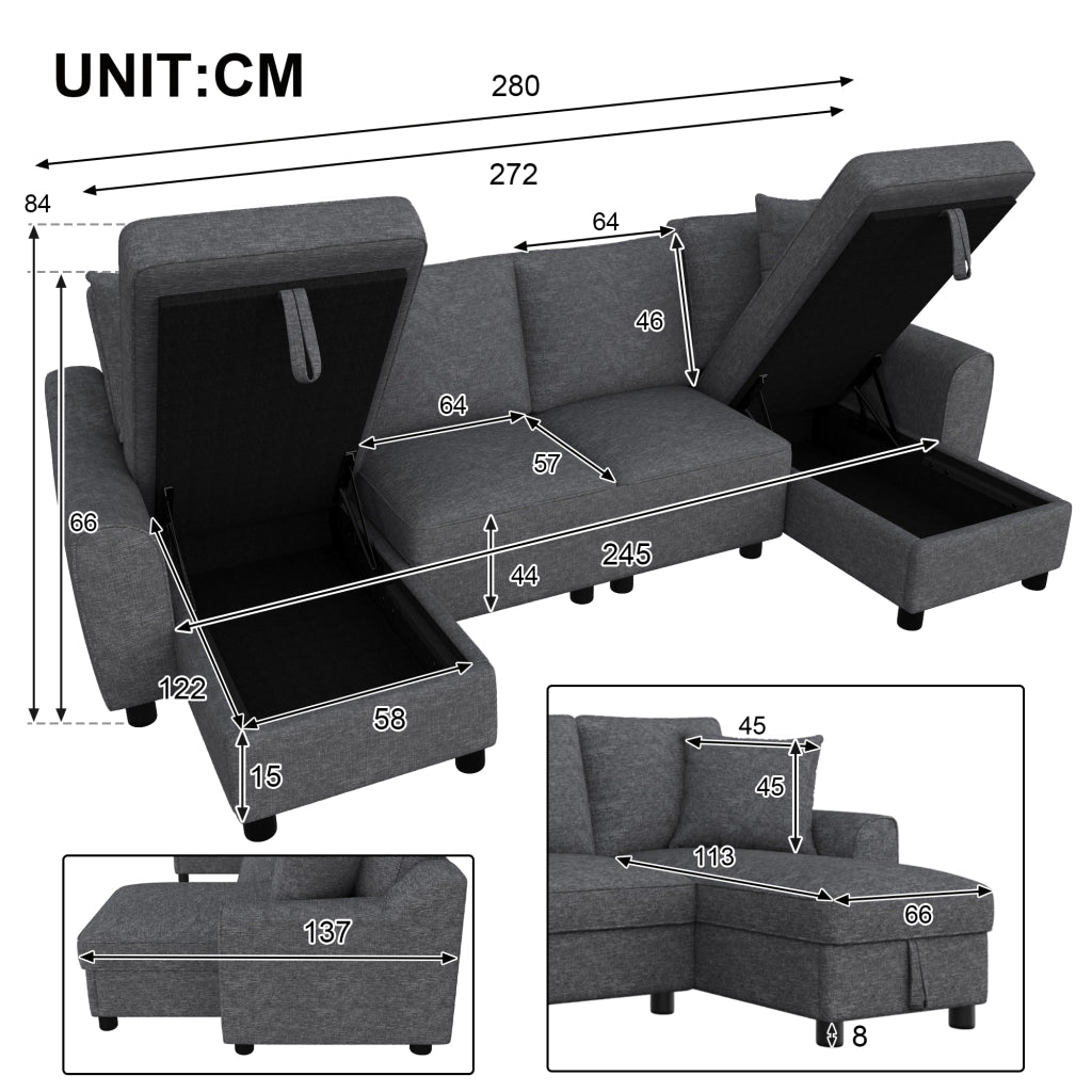 Divano modulare a U in chenille grigio con penisole, 3 colli, 280 ¡Á 137 ¡Á 84 cm