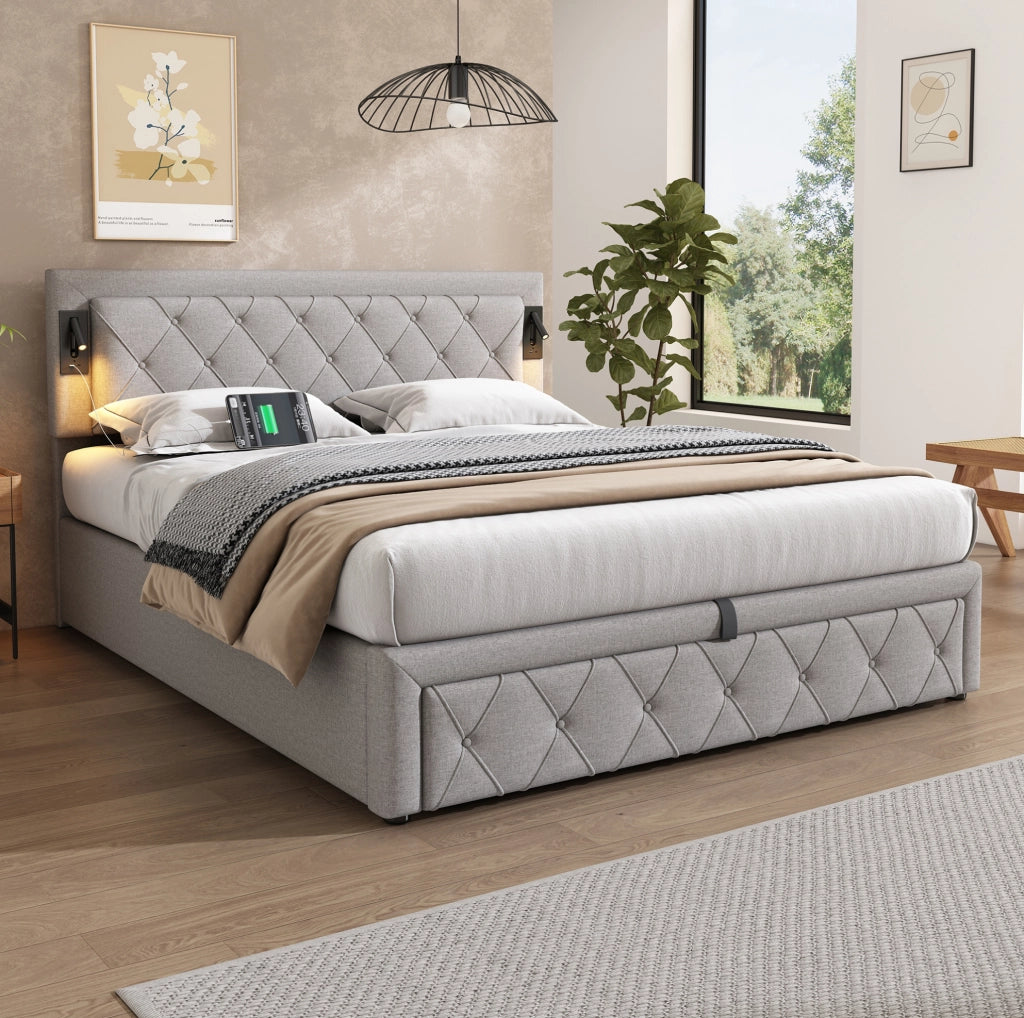Letto matrimoniale imbottito con contenitore, illuminazione e prese USB grigio