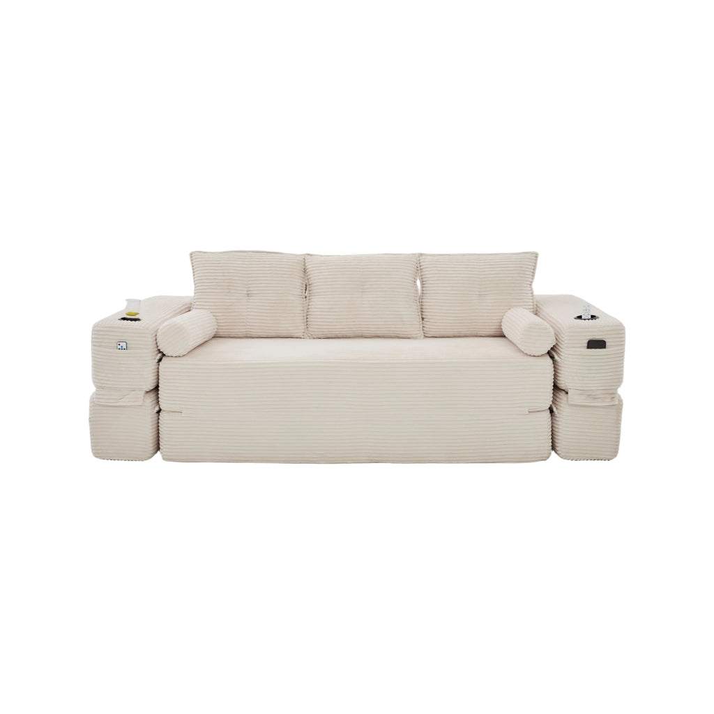 Divano letto modulare a 3 posti con tasche e portabicchieri in tessuto a coste beige