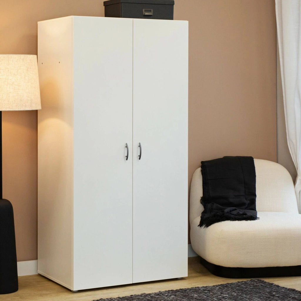 Guardaroba 2 ante Malvito, Mobile camera da letto, Cabina armadio portabiti, Armadio appendiabiti, 74x52 h179 cm, Bianco