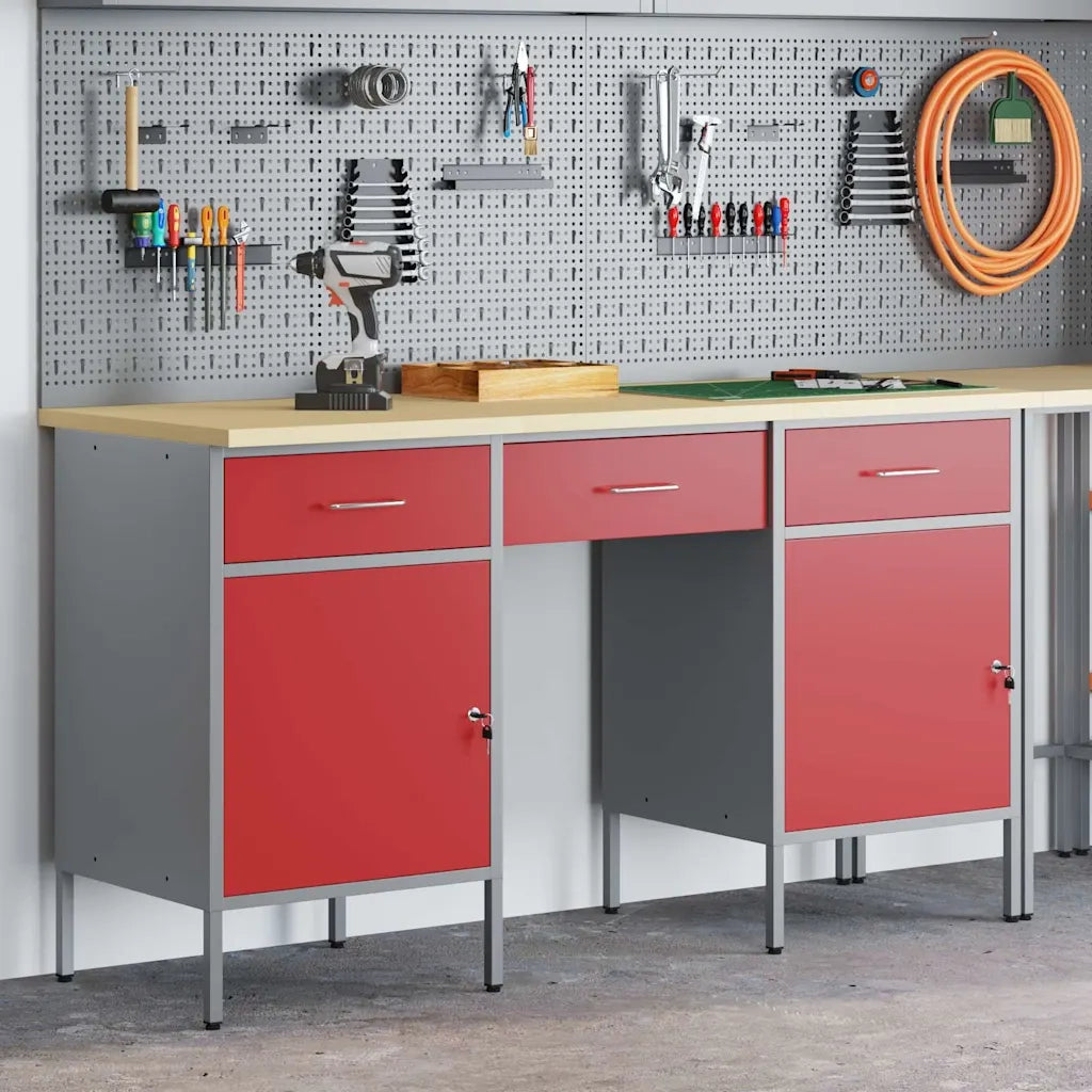 Mobile da lavoro 3 pz Rosso Legno ingegnerizzato e acciaio 3321375