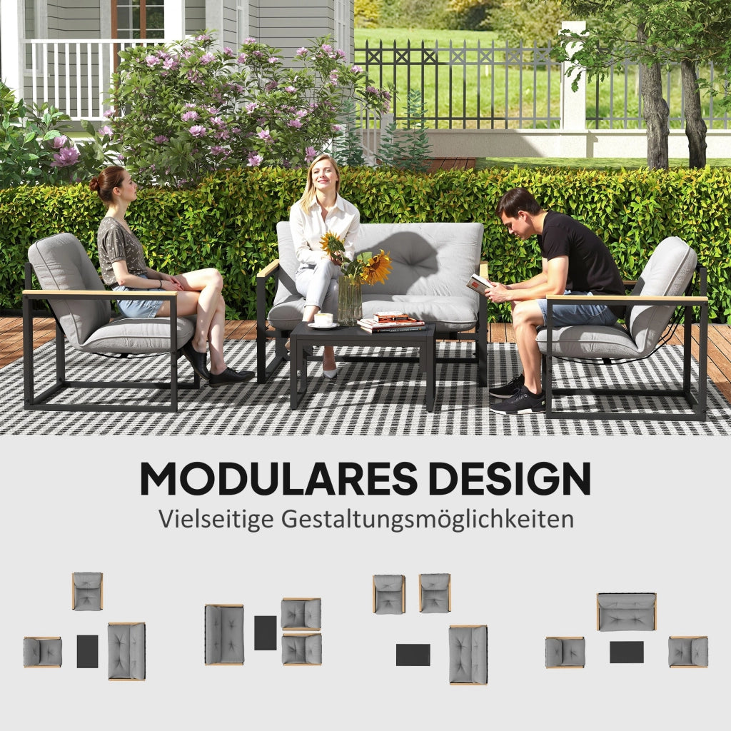 Set di mobili da giardino a 4 posti; divano a 2 posti e 2 poltrone; cuscini grigio chiaro; mobili da balcone