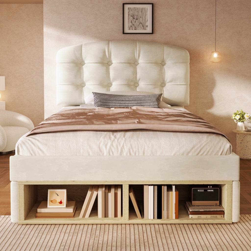 Letto singolo 90x200 cm, rivestito in velluto, testiera regolabile, 2 cassetti, beige