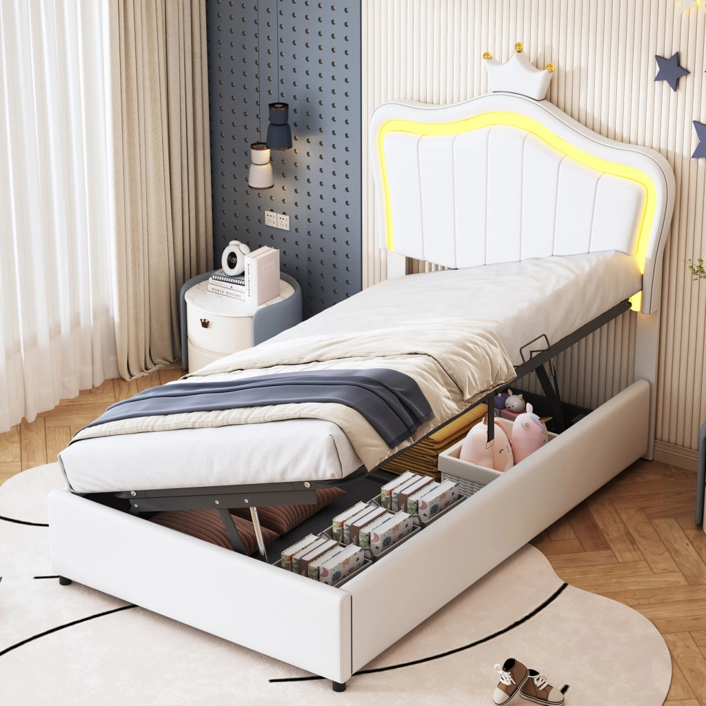 OKWISH Letto Contenitore 90×200 cm, Letto Singolo con LED Regolabile, Contenitore Idraulico e Testiera Regolabile, senza Materasso, Bianco