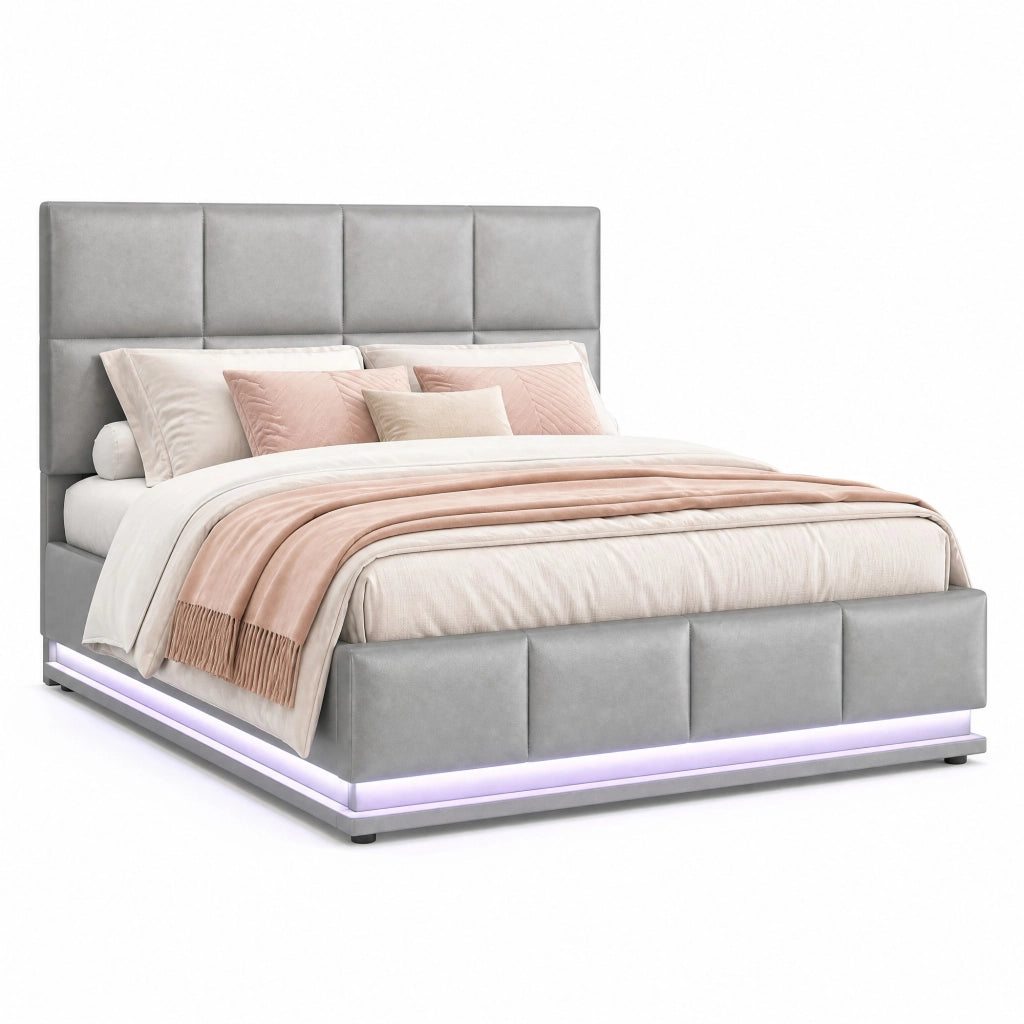 Letto contenitore matrimoniale 140×200 cm con LED e rete sollevabile; senza materasso; grigio
