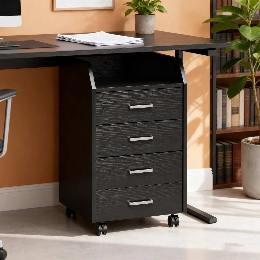 Cassettiera da Ufficio 40x36x65 cm con 4 Cassetti e Ripiano per Stampante su Ruote in MDF Nero