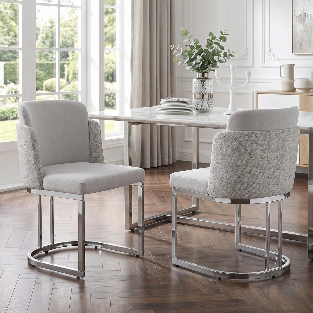 2 sedie da pranzo moderne in chenille grigio e metallo galvanizzato, con doppio schienale, seduta confortevole e struttura robusta