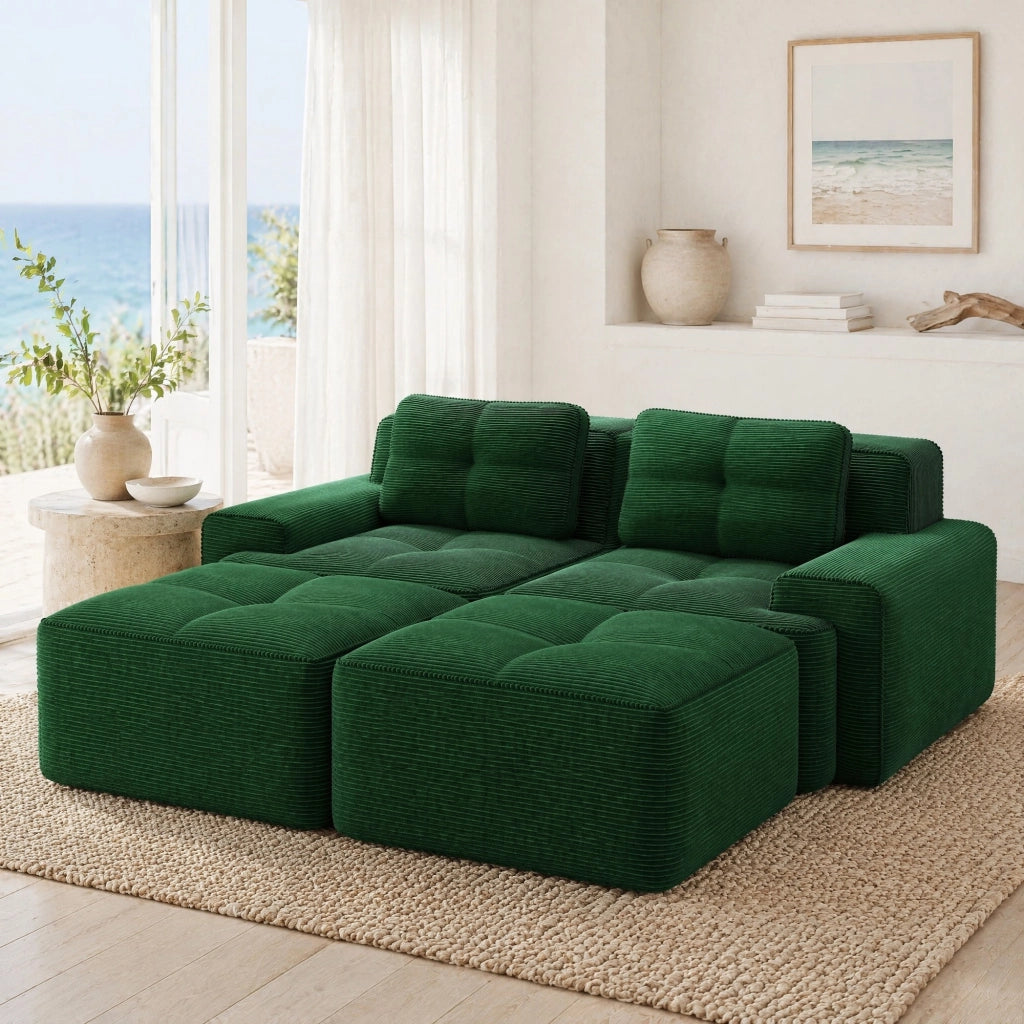 Divano modulare a U 204x177x69 cm in velluto a coste verde; seduta profonda; senza montaggio