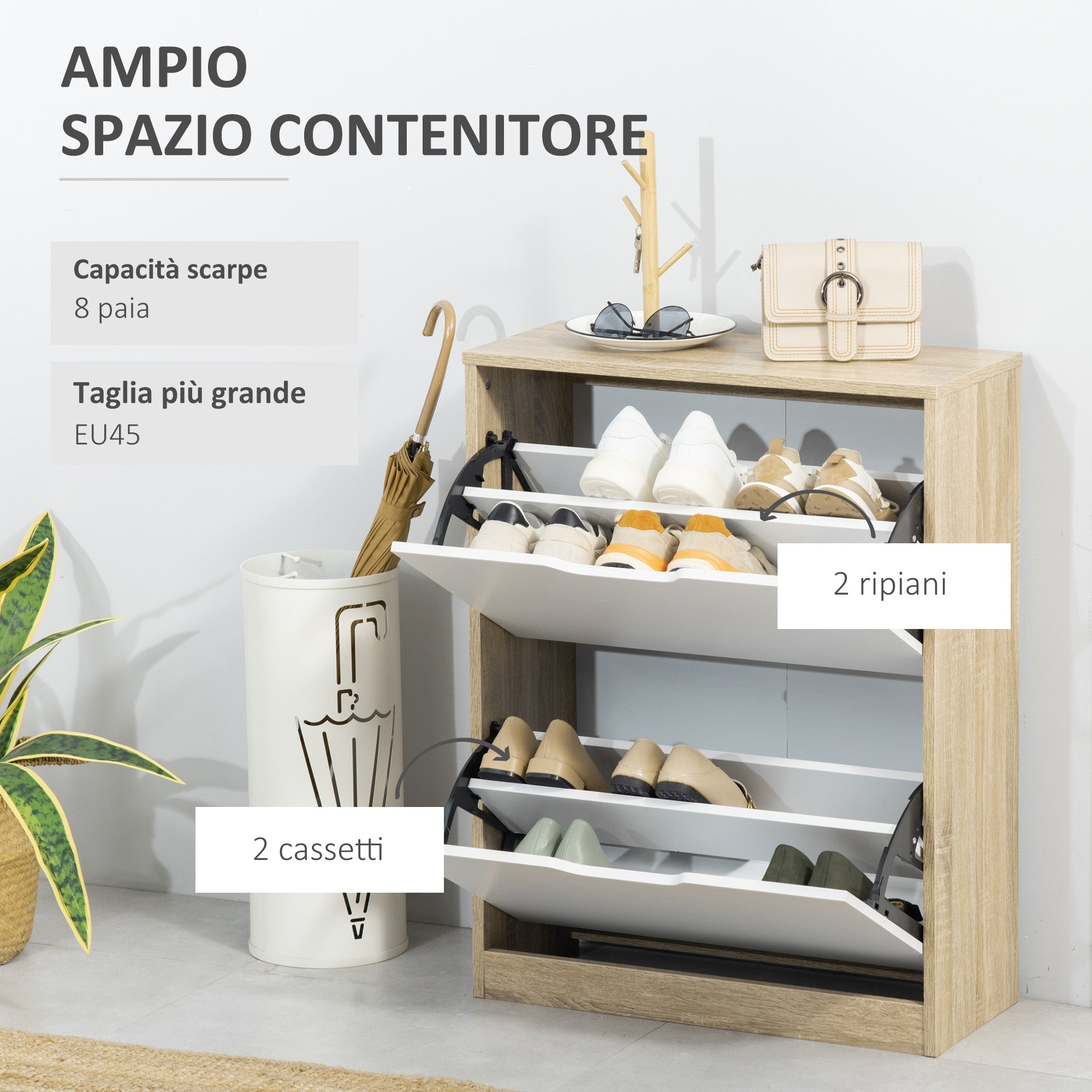 Scarpiera Slim Salvaspazio 2 Cassetti a Ribalta 8 Paisa di Scarpe 62,5x26x81 cm Legno e Bianco