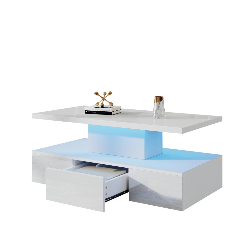 Tavolino da caffè bianco LED con cassetto, 100x50x39 cm