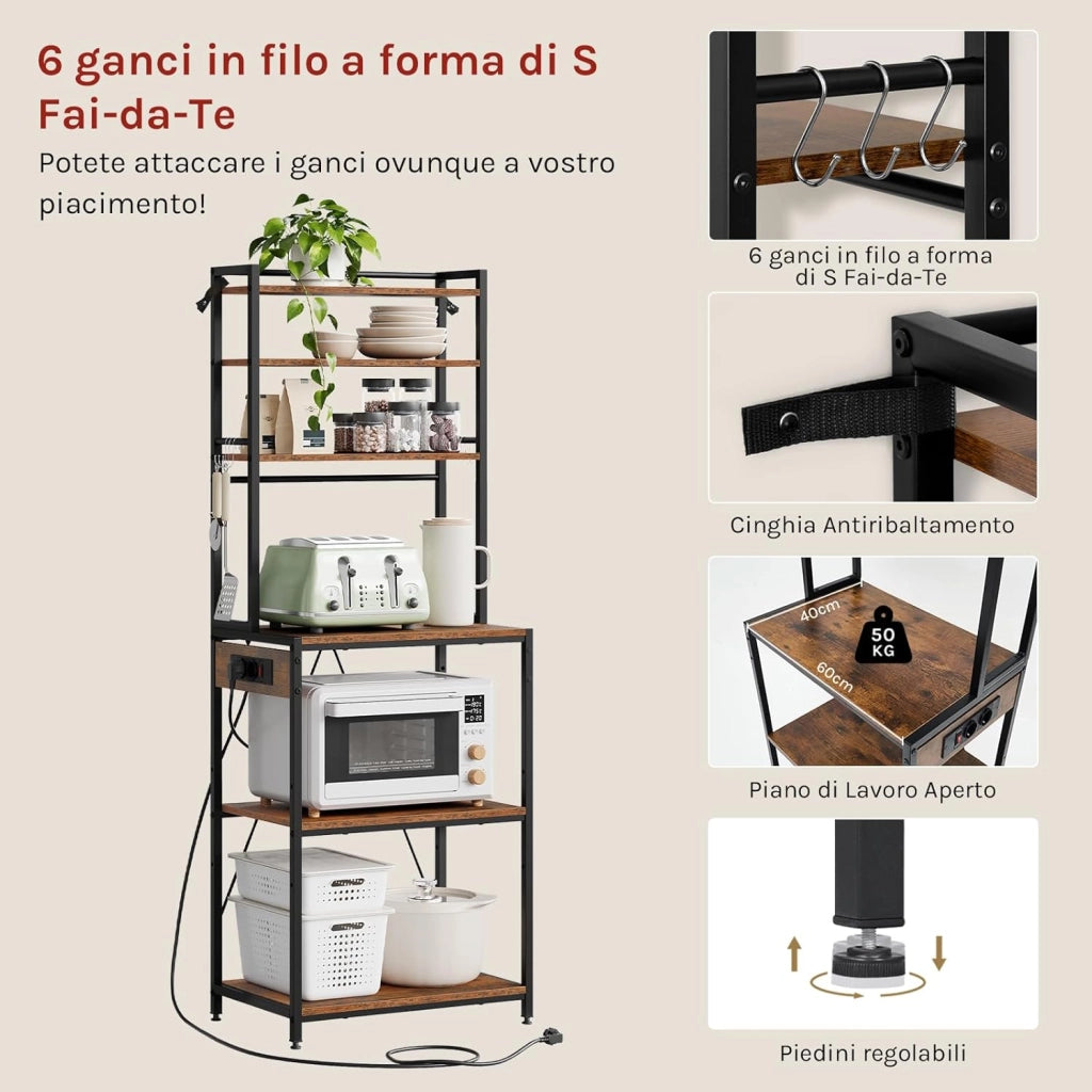 Scaffale da Cucina a 6 Livelli con Prese di Corrente, Scaffale per Microonde con Struttura in Metallo e Piano di Lavoro Aperto, Nero+Marrone Rustico, 60x39,5x167cm