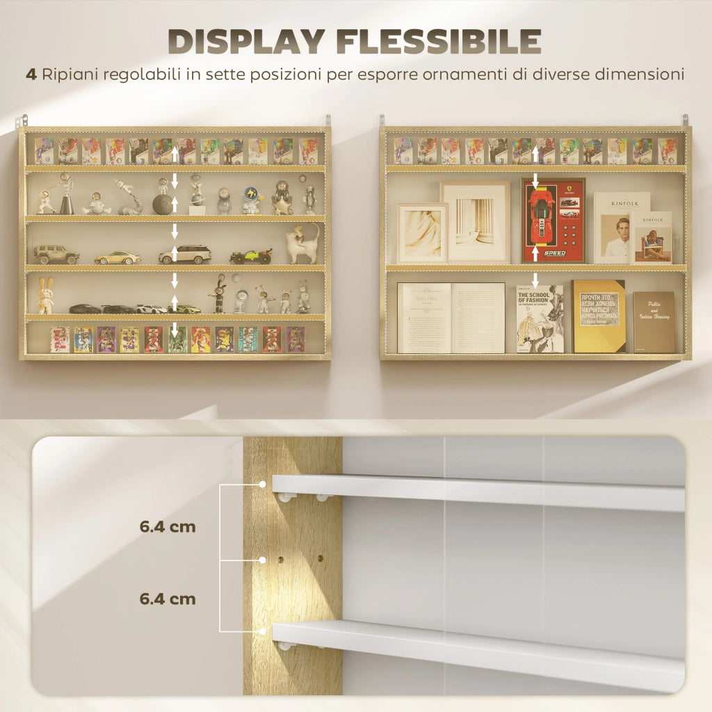 Bacheca Vetrina a Muro con 4 Ripiani Regolabili 80x9.5x60cm Bianco e Legno