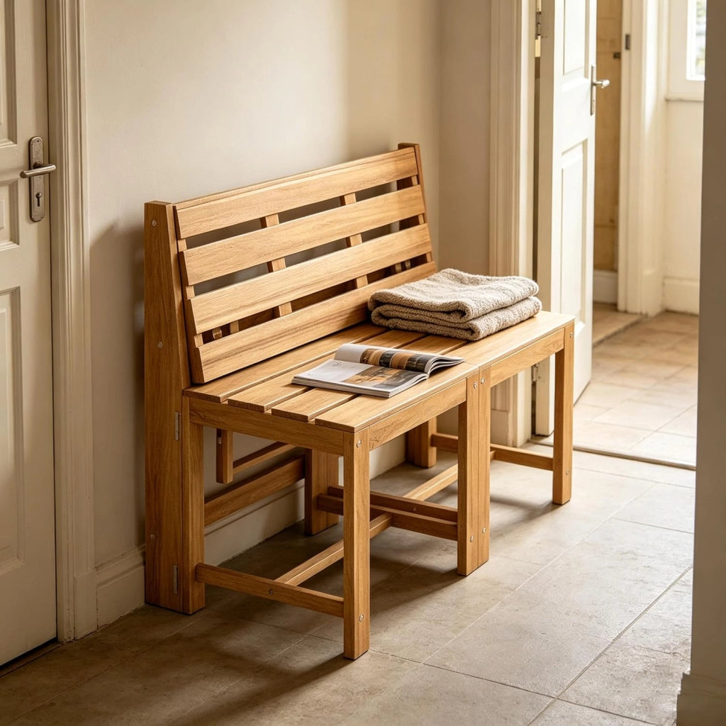 3 in 1 Set Tavolo e Sedie da Esterno, Panchina Trasformabile in Legno di Acacia, Porta Piante a 2 Livelli, Piano del Tavolo Ribaltabile, Set Mobili per Cortile Terrazza e Balcone