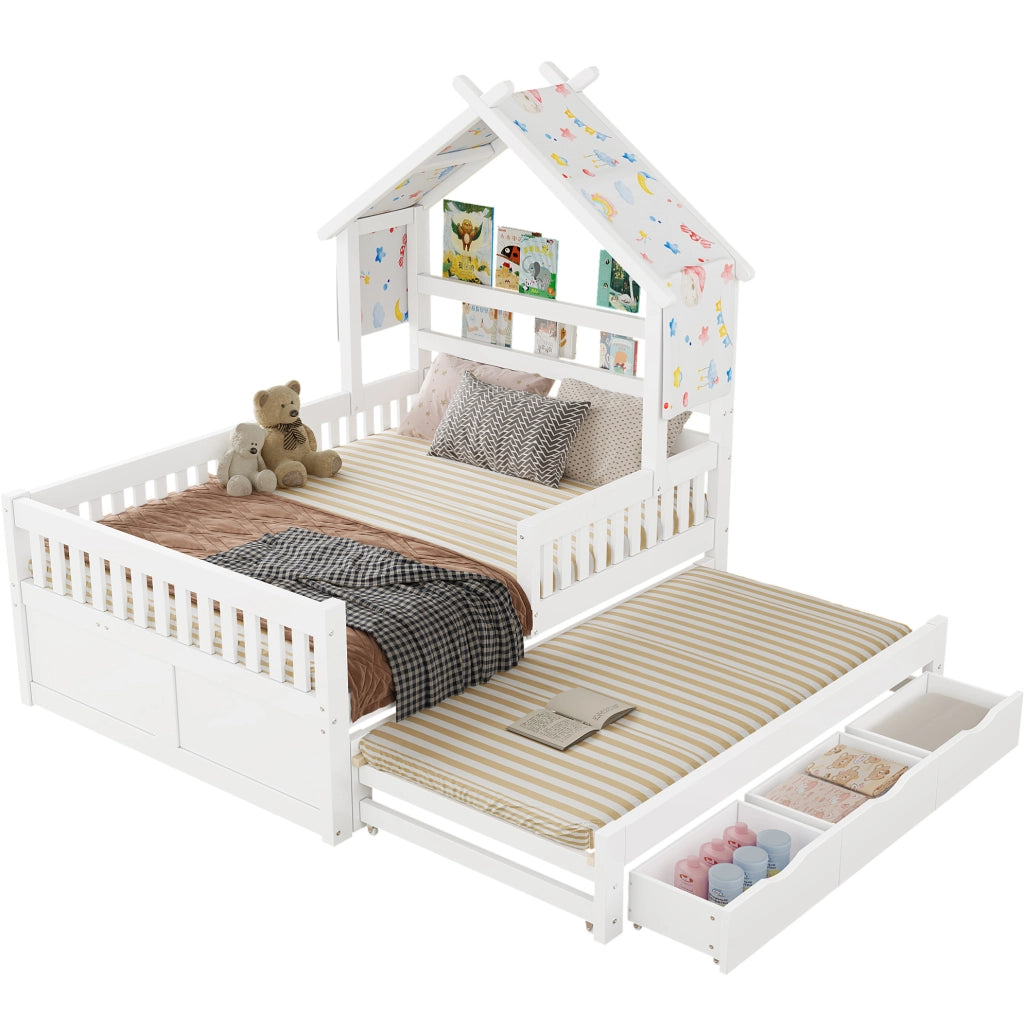Letto a casetta 140x200 cm con letto estraibile e 3 cassetti in pino e MDF bianco