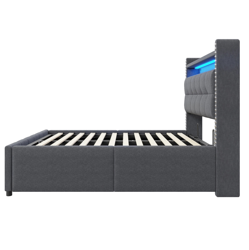 Letto matrimoniale imbottito 140x200 cm in tessuto grigio con LED; USB e contenitore