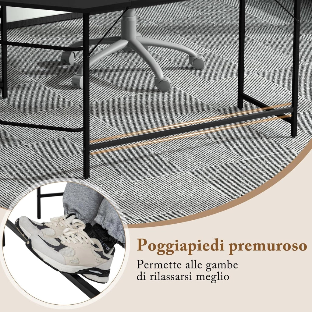 Scrivania Angolare 138 CM, Scrivania ad Angolo con 2 Prese, 2 Porte USB, Telaio in Acciaio al Carbonio e Ripiano a 2 Livelli Rimovibile, Scrivania Salvaspazio da Ufficio e Casa (Nero)