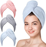 Set di asciugamani per capelli in microfibra, 3 pezzi, asciugamani per capelli umidi, avvolgibili per capelli ricci, anti-kroes (blu, grigio, rosa)