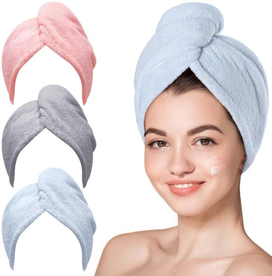 Set di asciugamani per capelli in microfibra, 3 pezzi, asciugamani per capelli umidi, avvolgibili per capelli ricci, anti-kroes (blu, grigio, rosa)